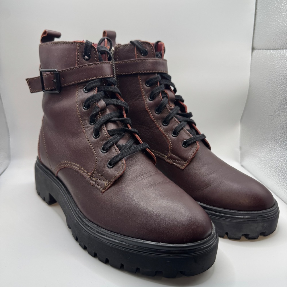 Mango MNG Brown Leather Lug Sole Combat Boots Size 39 (8.5)Buckle Strap Womens